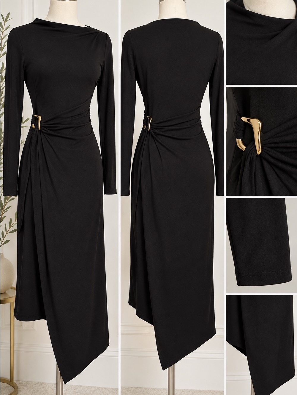 ZESICA Black Asymmetrical Ruched Gold Hardware Elegant Midi Dress S